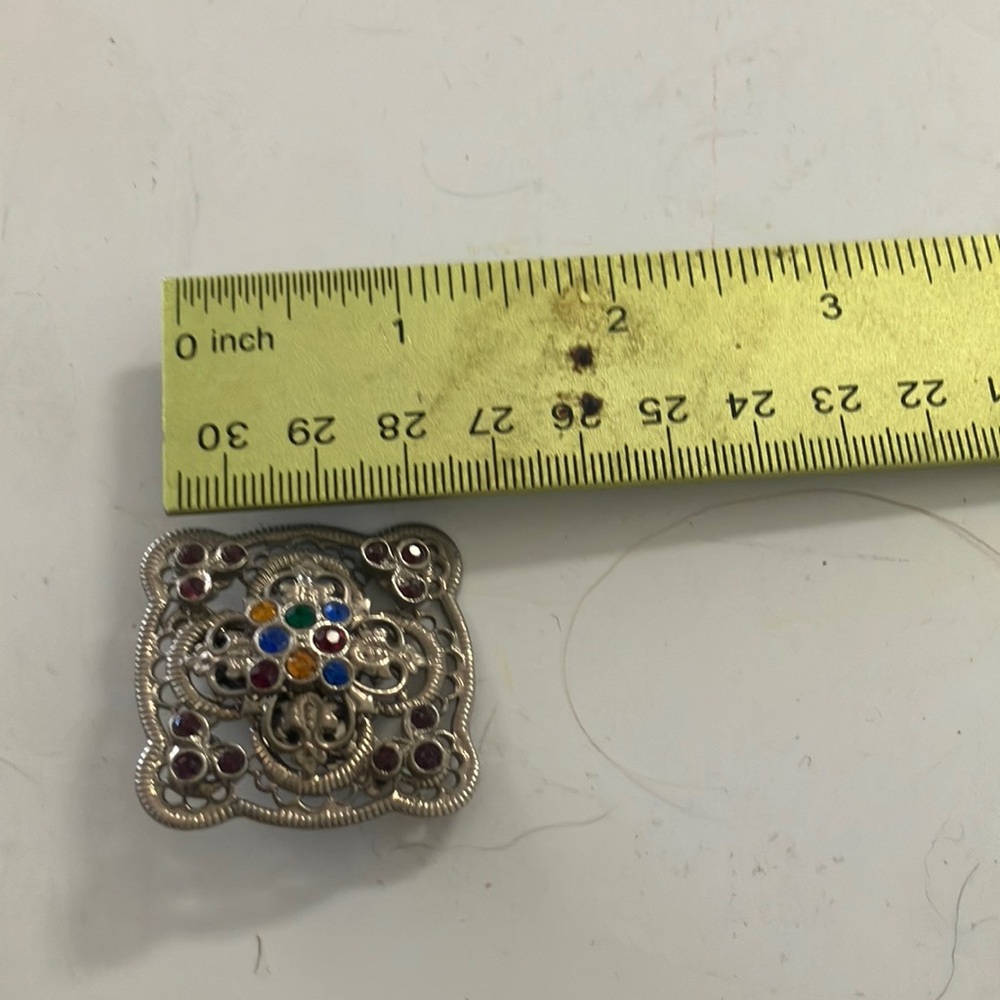 Ornate Silver tone and Red Filigree Brooch